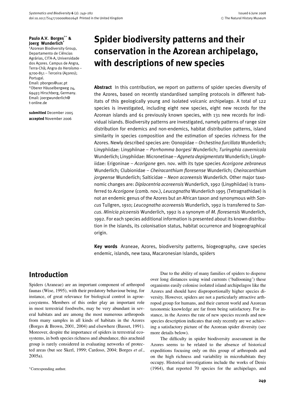 Spider Biodiversity Patterns and Their Conservation in the Azorean