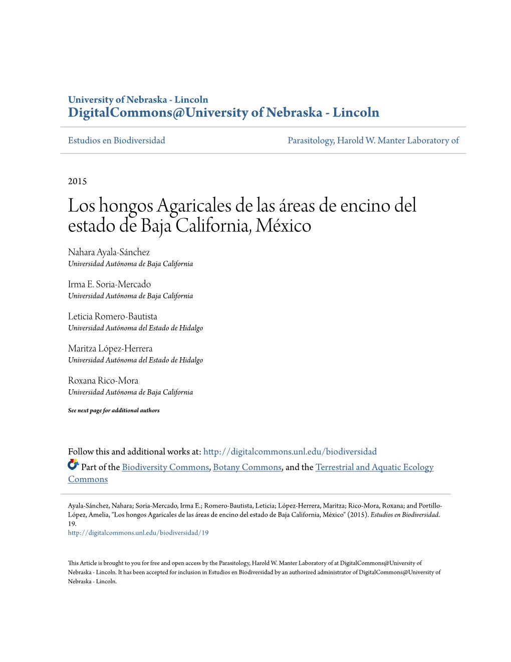 Los Hongos Agaricales De Las Áreas De Encino Del Estado De Baja California, México Nahara Ayala-Sánchez Universidad Autónoma De Baja California