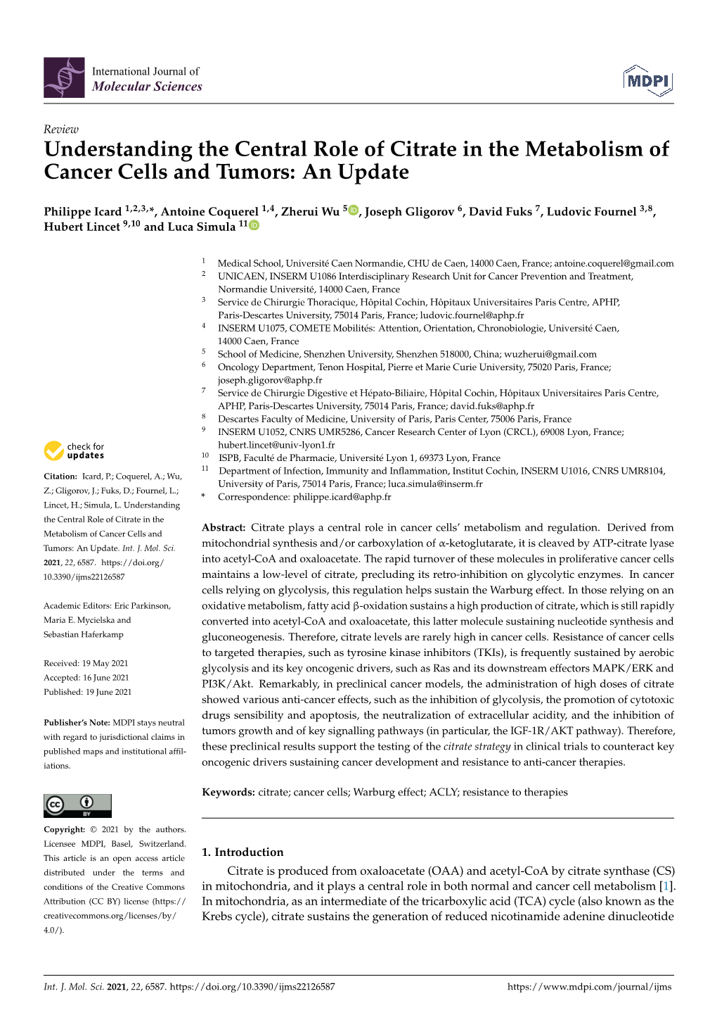 Understanding the Central Role of Citrate in the Metabolism of Cancer Cells and Tumors: an Update