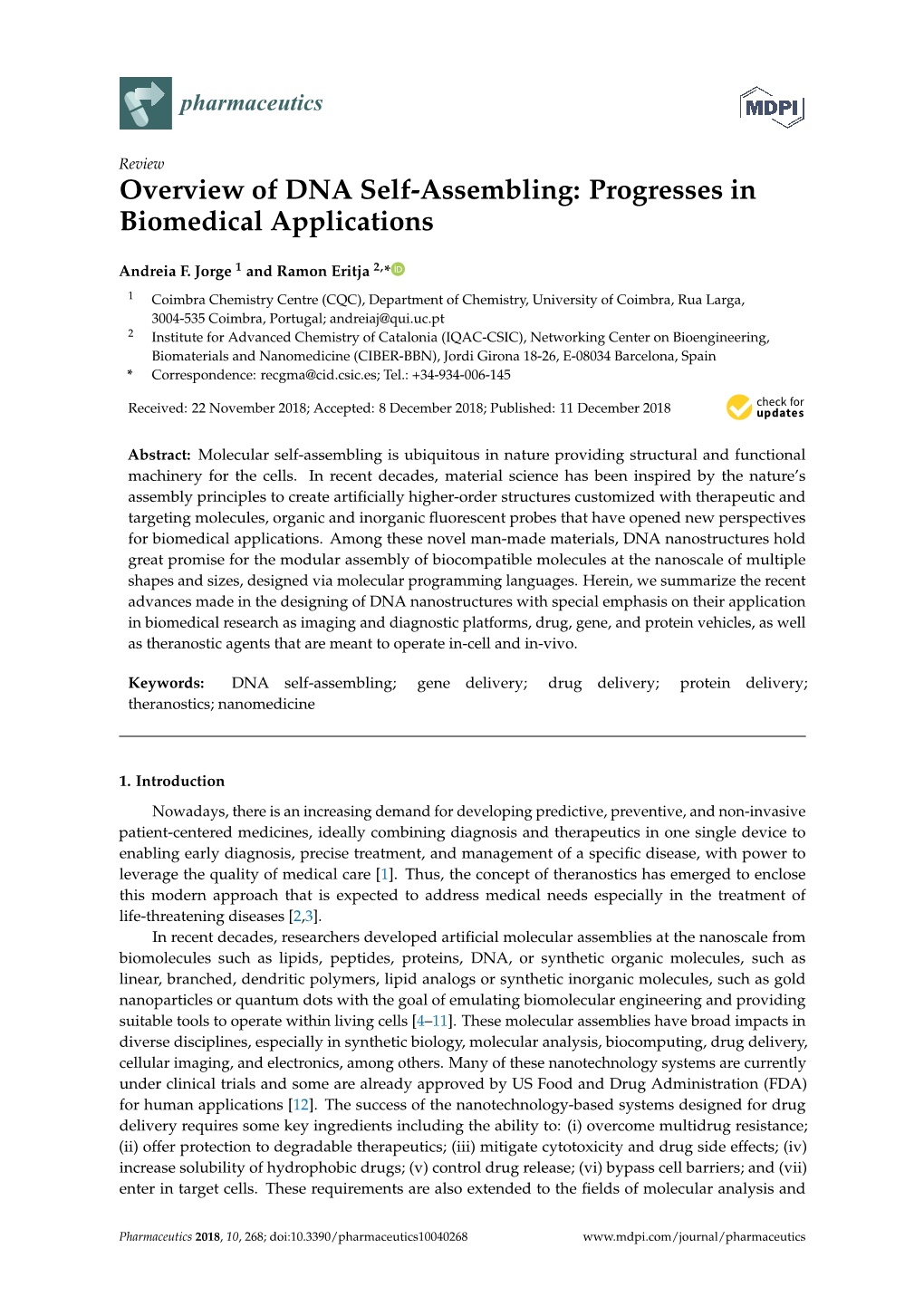 Overview of DNA Self-Assembling: Progresses in Biomedical Applications