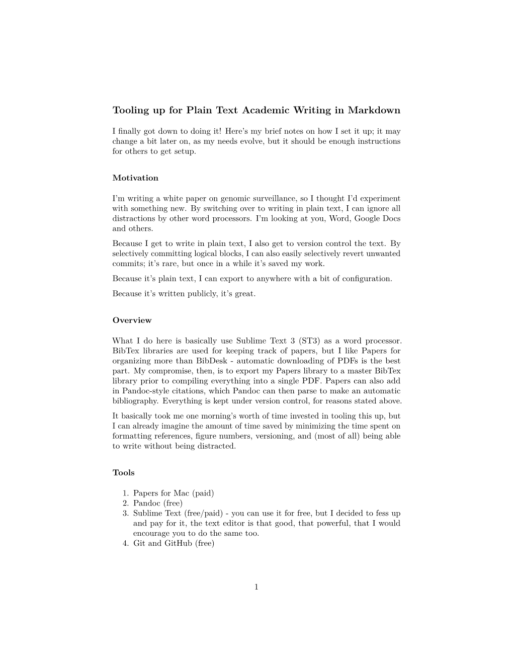 Tooling up for Plain Text Academic Writing in Markdown