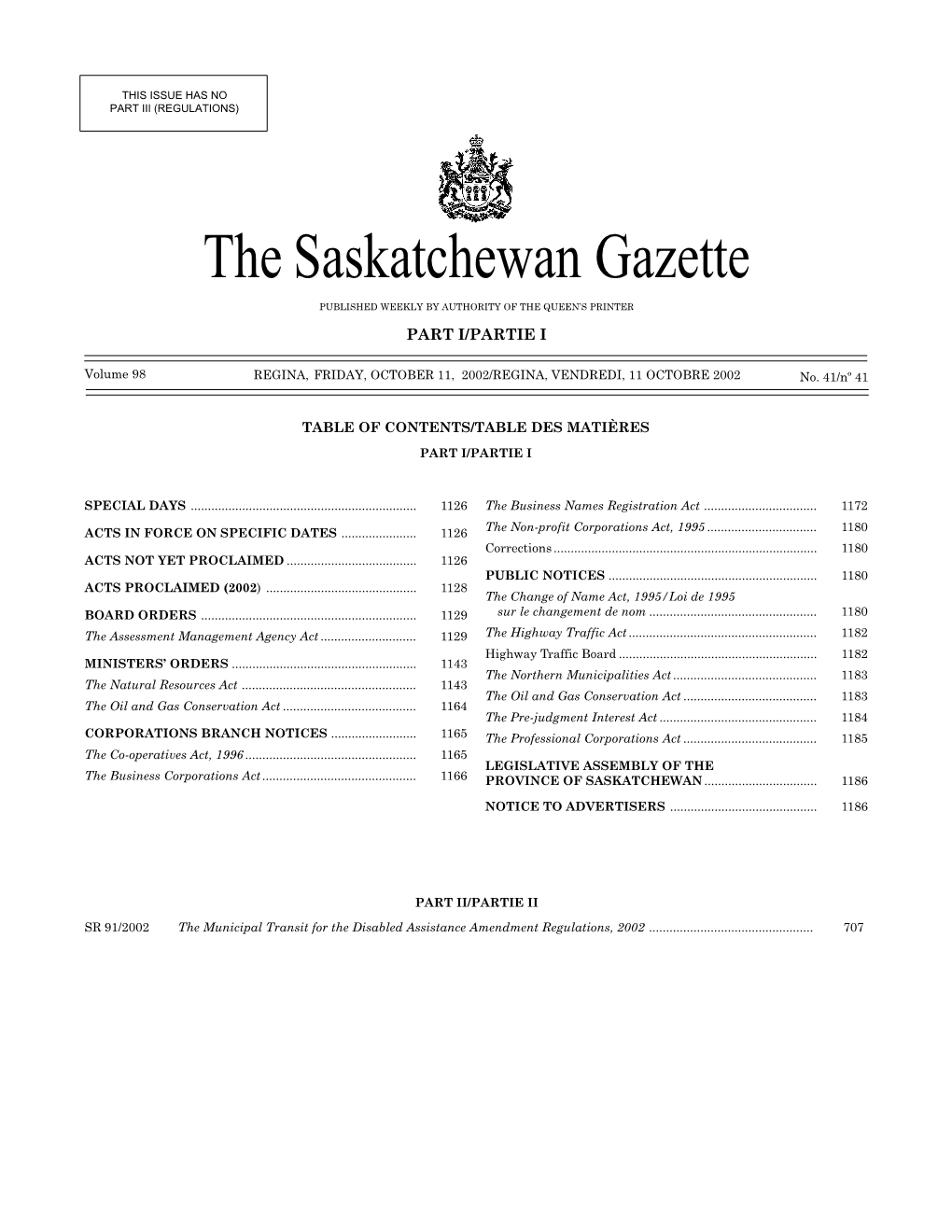 Sask Gazette, Part I, Oct 11, 2002