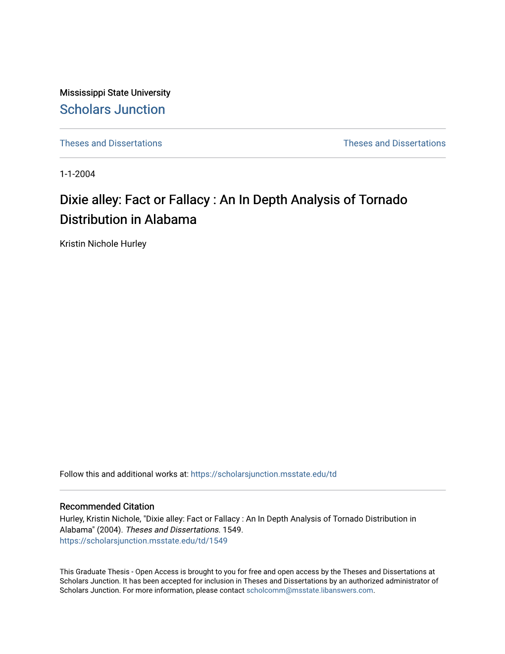 Dixie Alley: Fact Or Fallacy : an in Depth Analysis of Tornado Distribution in Alabama