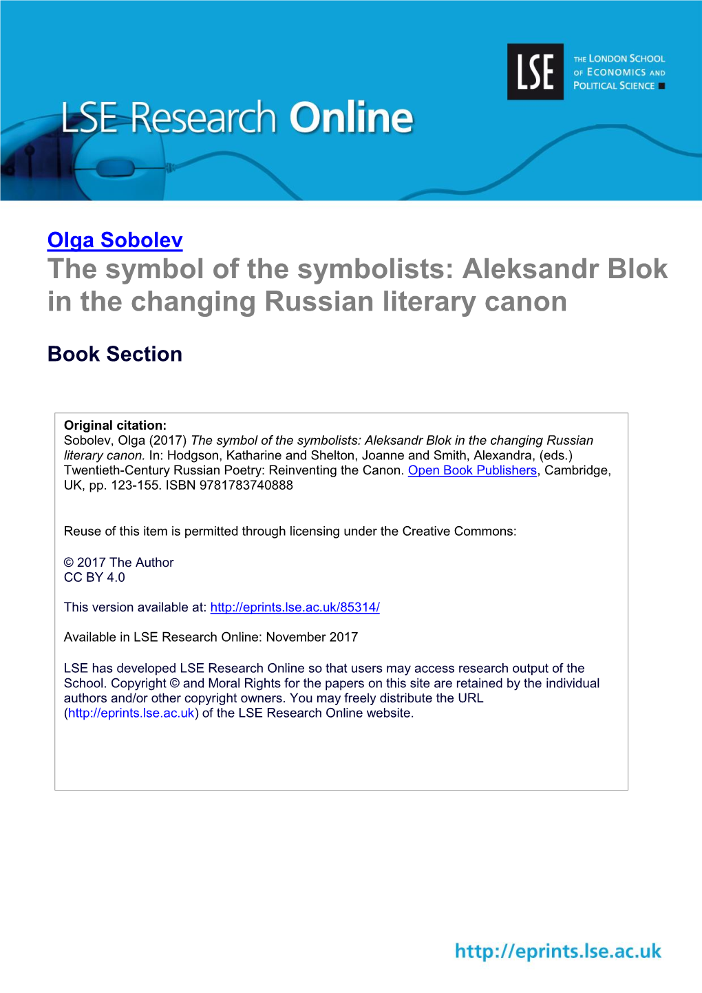 Aleksandr Blok in the Changing Russian Literary Canon