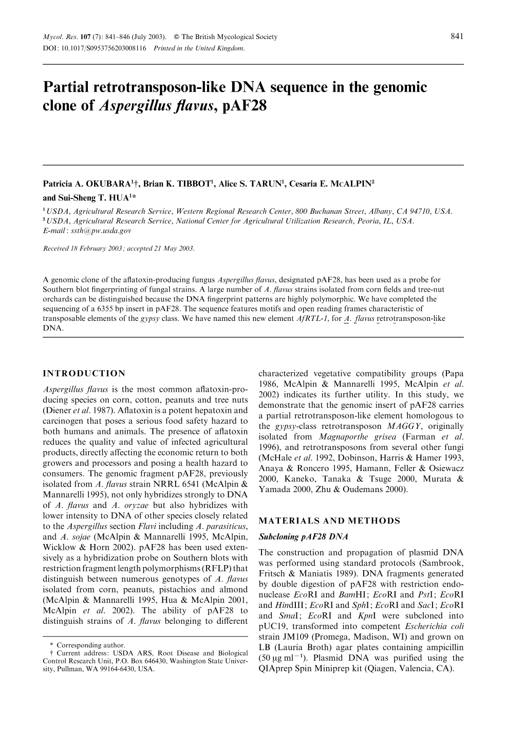 Partial Retrotransposon-Like DNA Sequence in the Genomic Clone of Aspergillus ﬂavus, Paf28