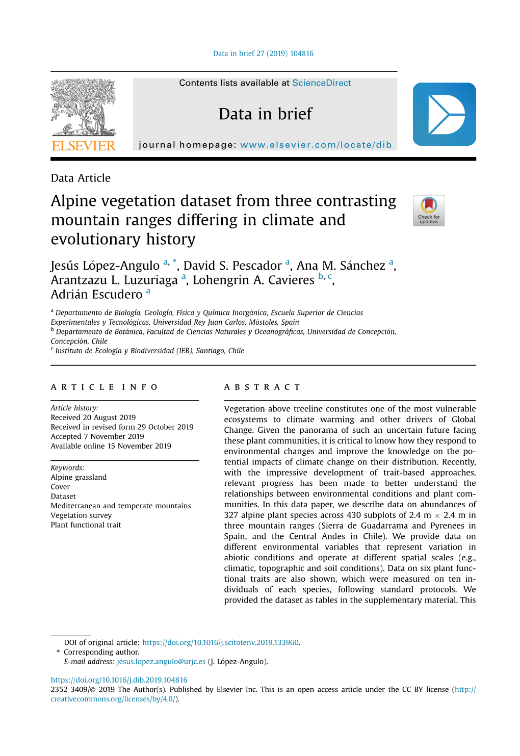 Alpine Vegetation Dataset from Three Contrasting Mountain Ranges Differing in Climate and Evolutionary History