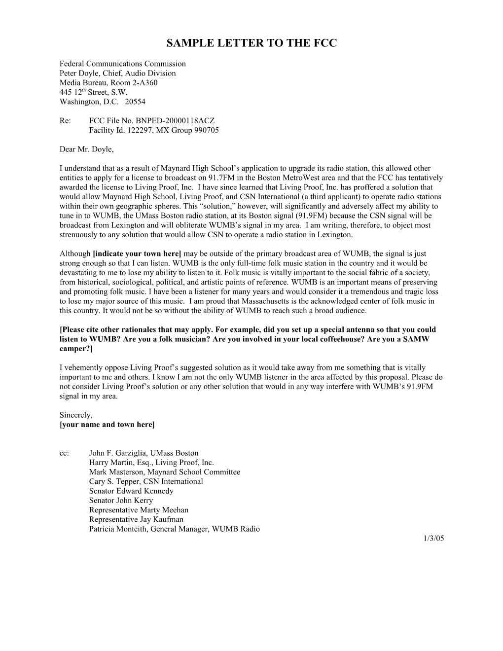 Sample Letter to the Fcc