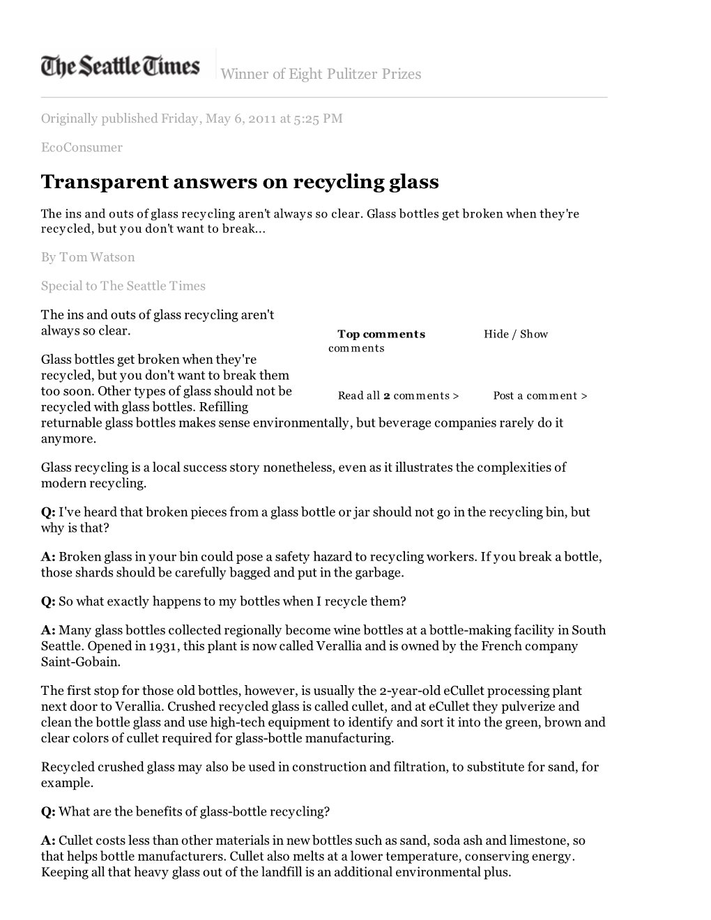King County Ecoconsumer: "Transparent Answers on Recycling Glass," from the Seattle Times