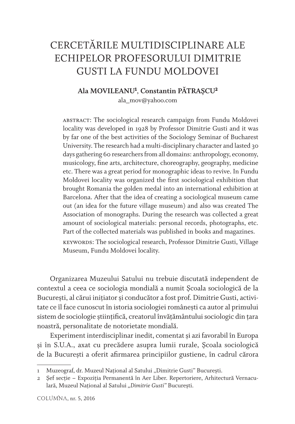 Cercetările Multidisciplinare Ale Echipelor Profesorului Dimitrie Gusti La Fundu Moldovei