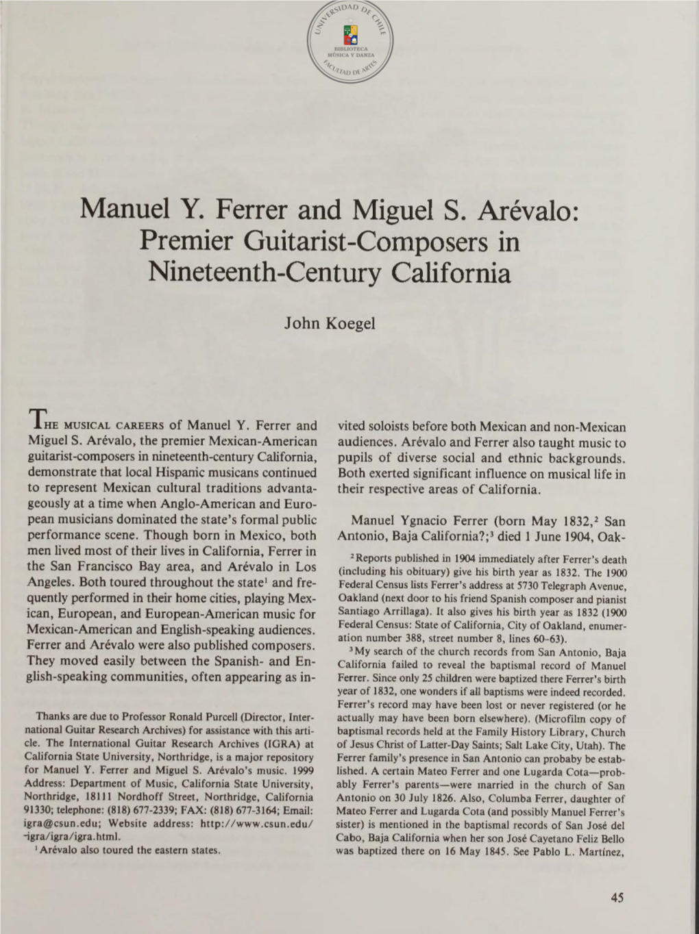 Manuel Y. Ferrer and Miguel S. Arévalo: Premier Guitarist-Composers in Nineteenth-Century California