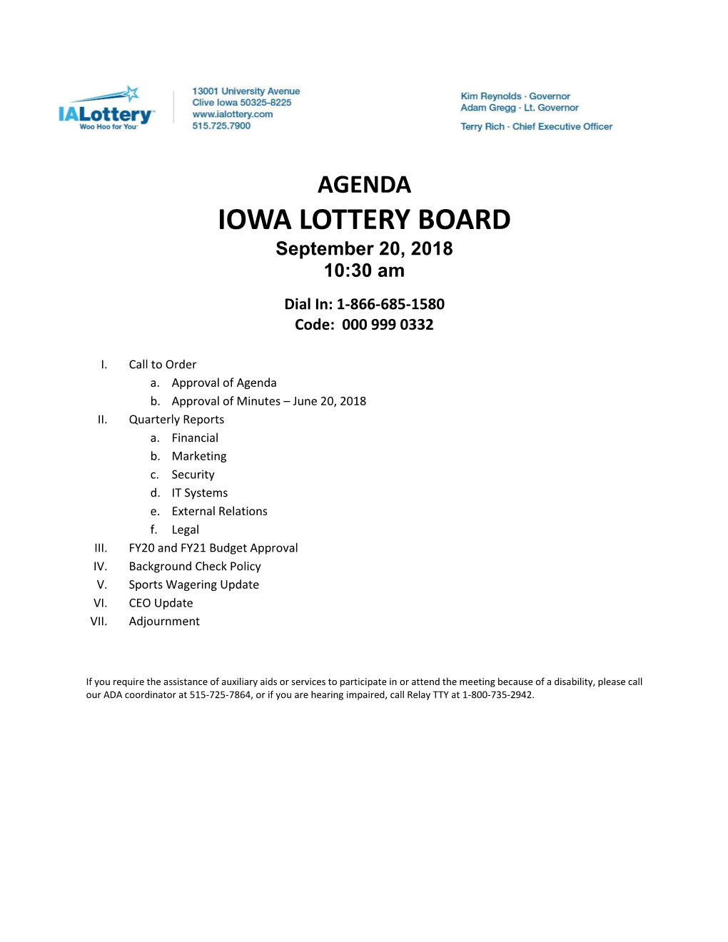 IOWA LOTTERY BOARD September 20, 2018 10:30 Am