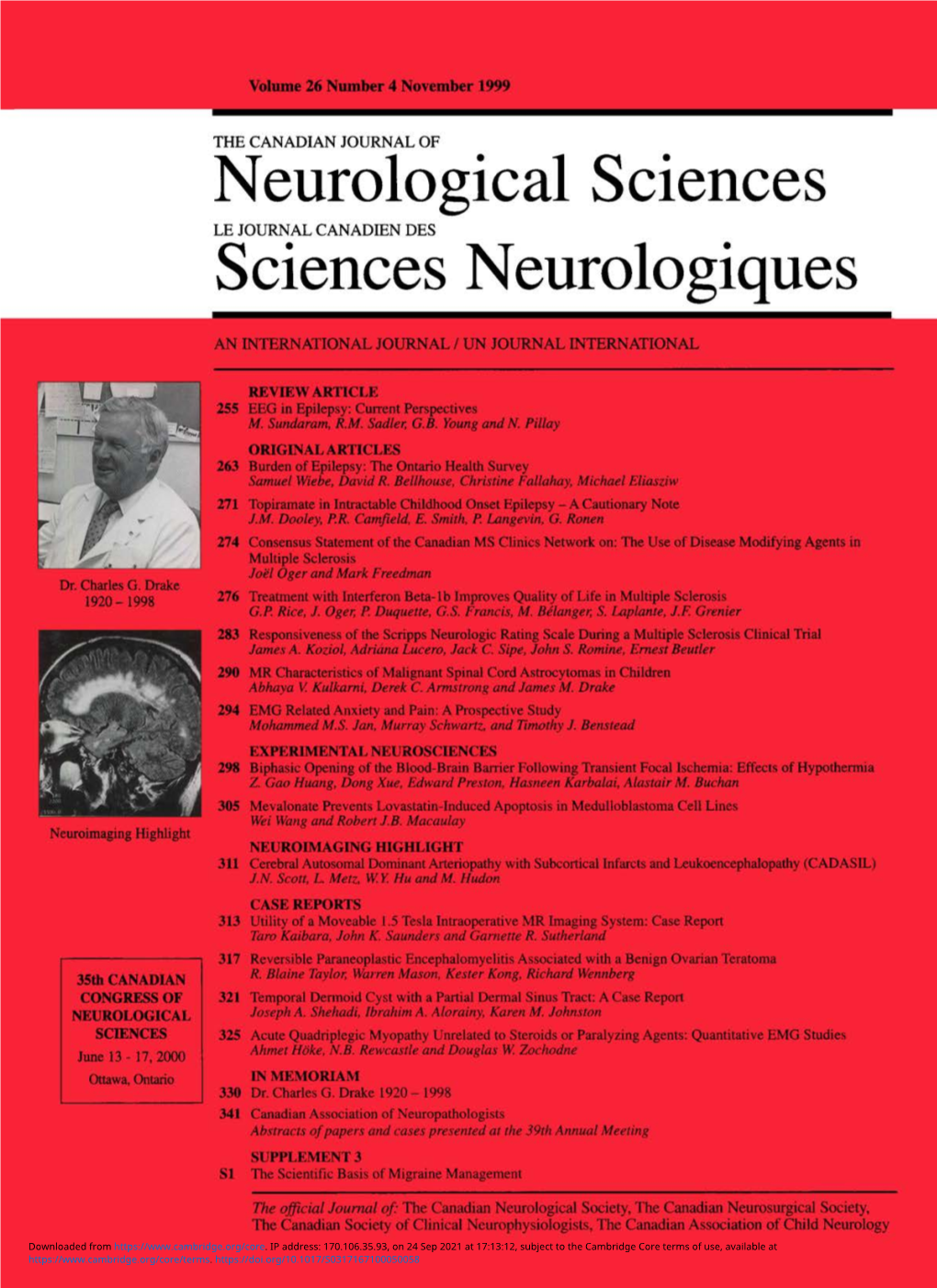 Neurological Sciences LE JOURNAL CANADIEN DES Sciences Neurologiques