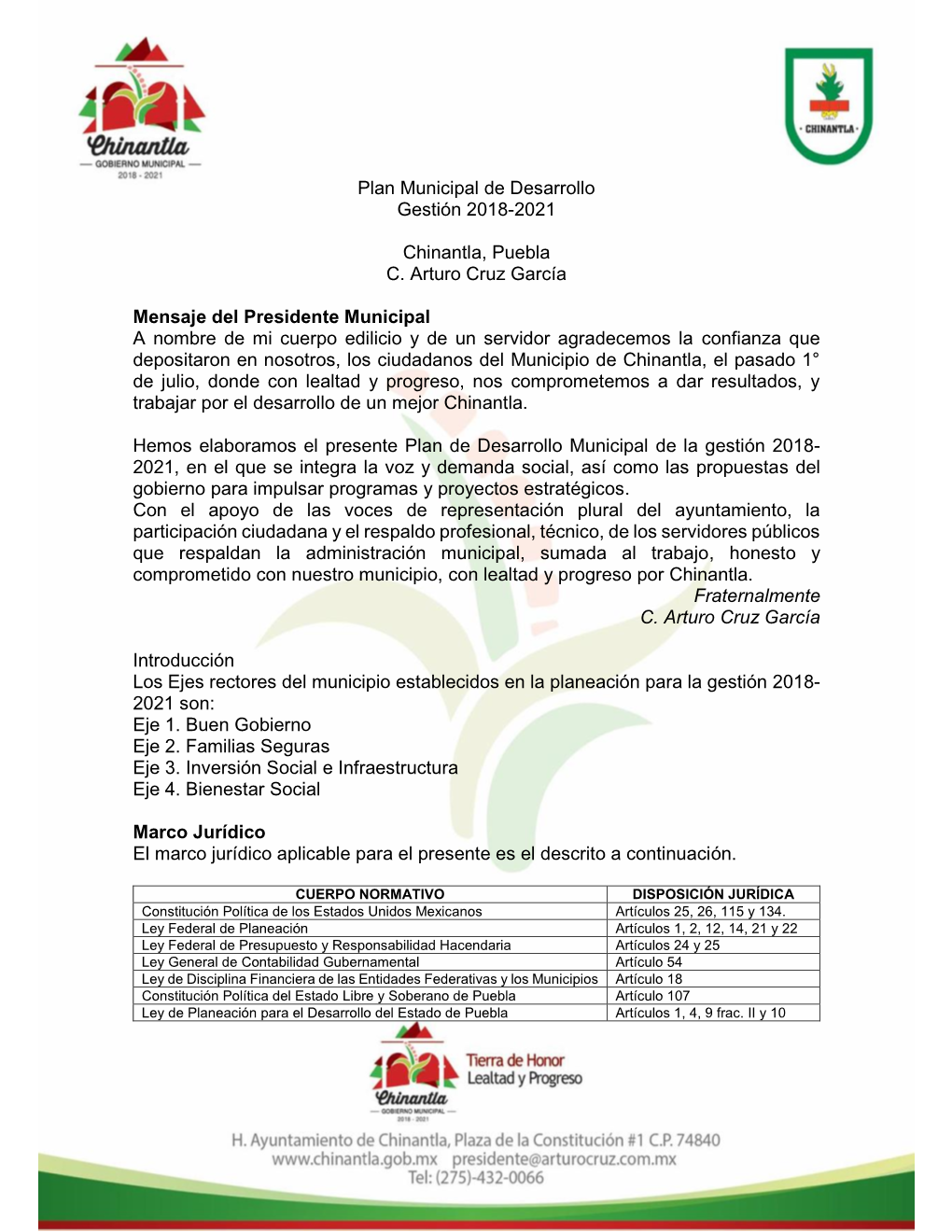 Plan Municipal De Desarrollo Gestión 2018-2021 Chinantla, Puebla C