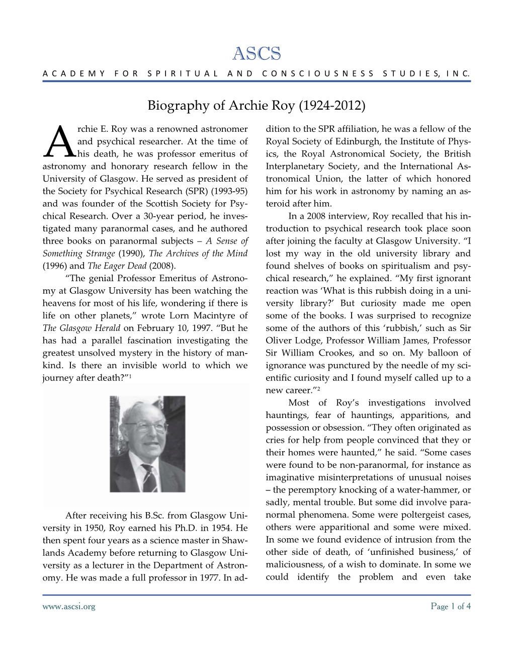 Biography of Archie Roy (1924-2012)