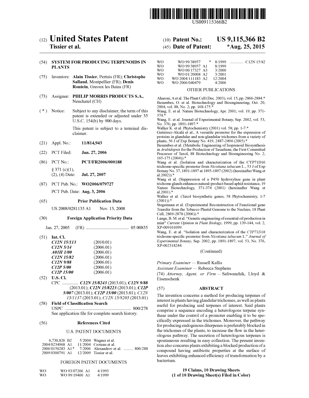(12) United States Patent (10) Patent No.: US 9,115,366 B2 Tissier Et Al