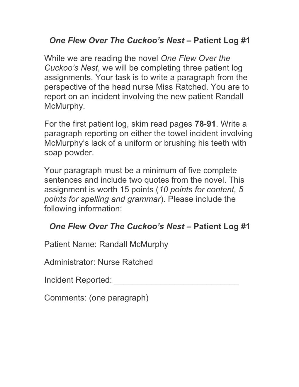 One Flew Over the Cuckoo S Nest Patient Log #1