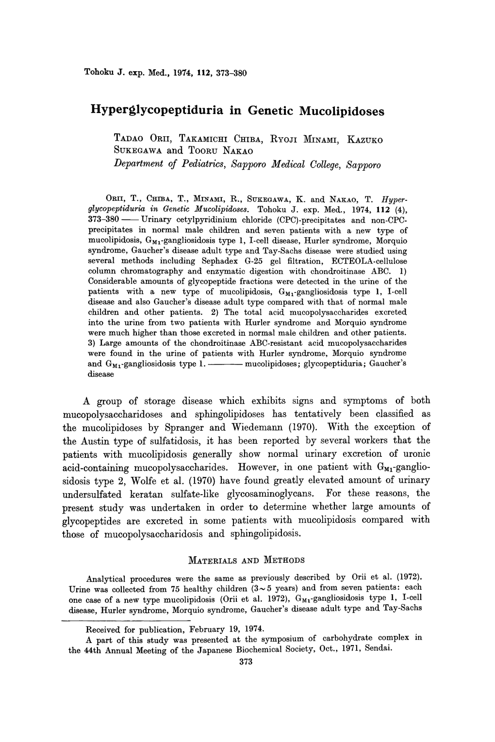 Hyperglycopeptiduria in Genetic Mucolipidoses