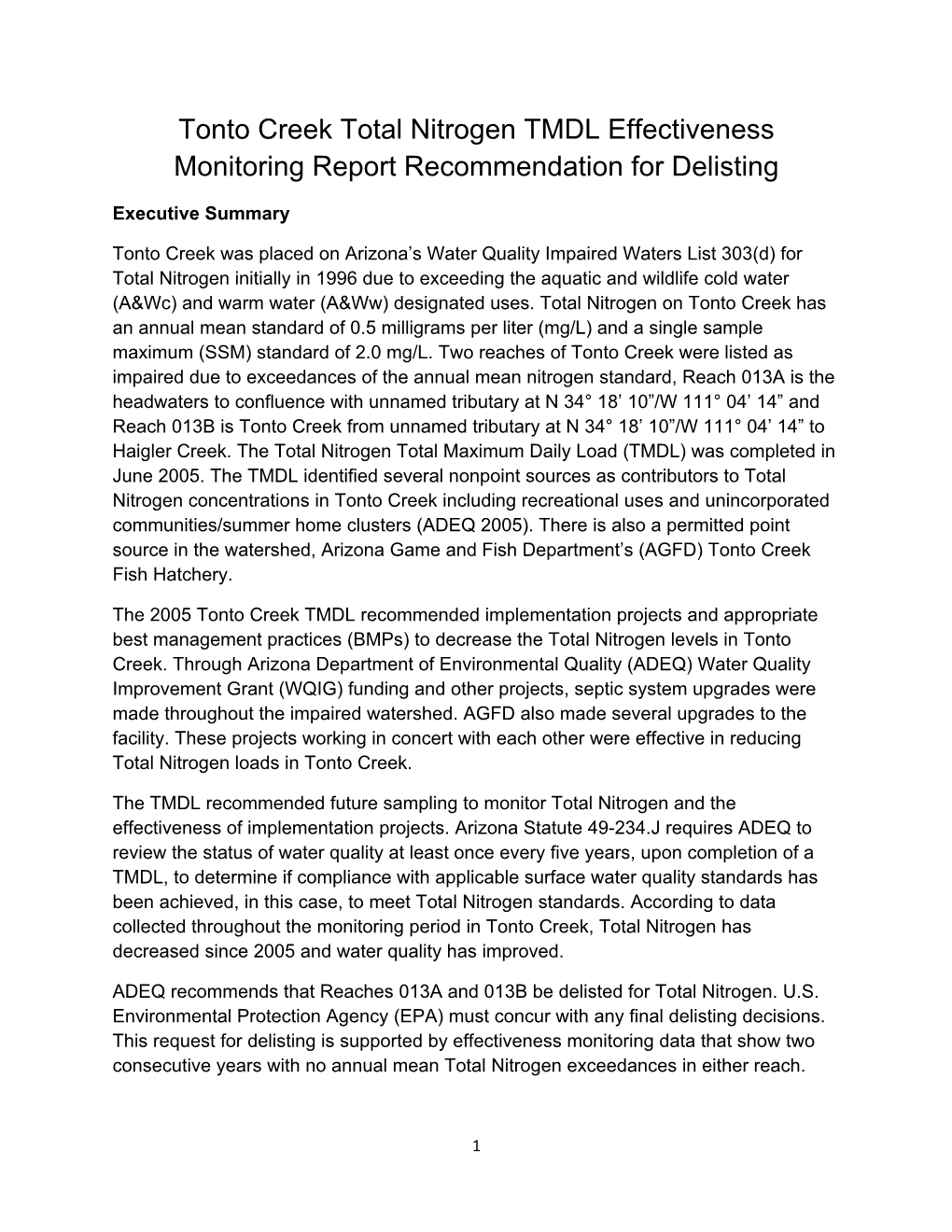 Tonto Creek Total Nitrogen TMDL Effectiveness Monitoring Report Recommendation for Delisting