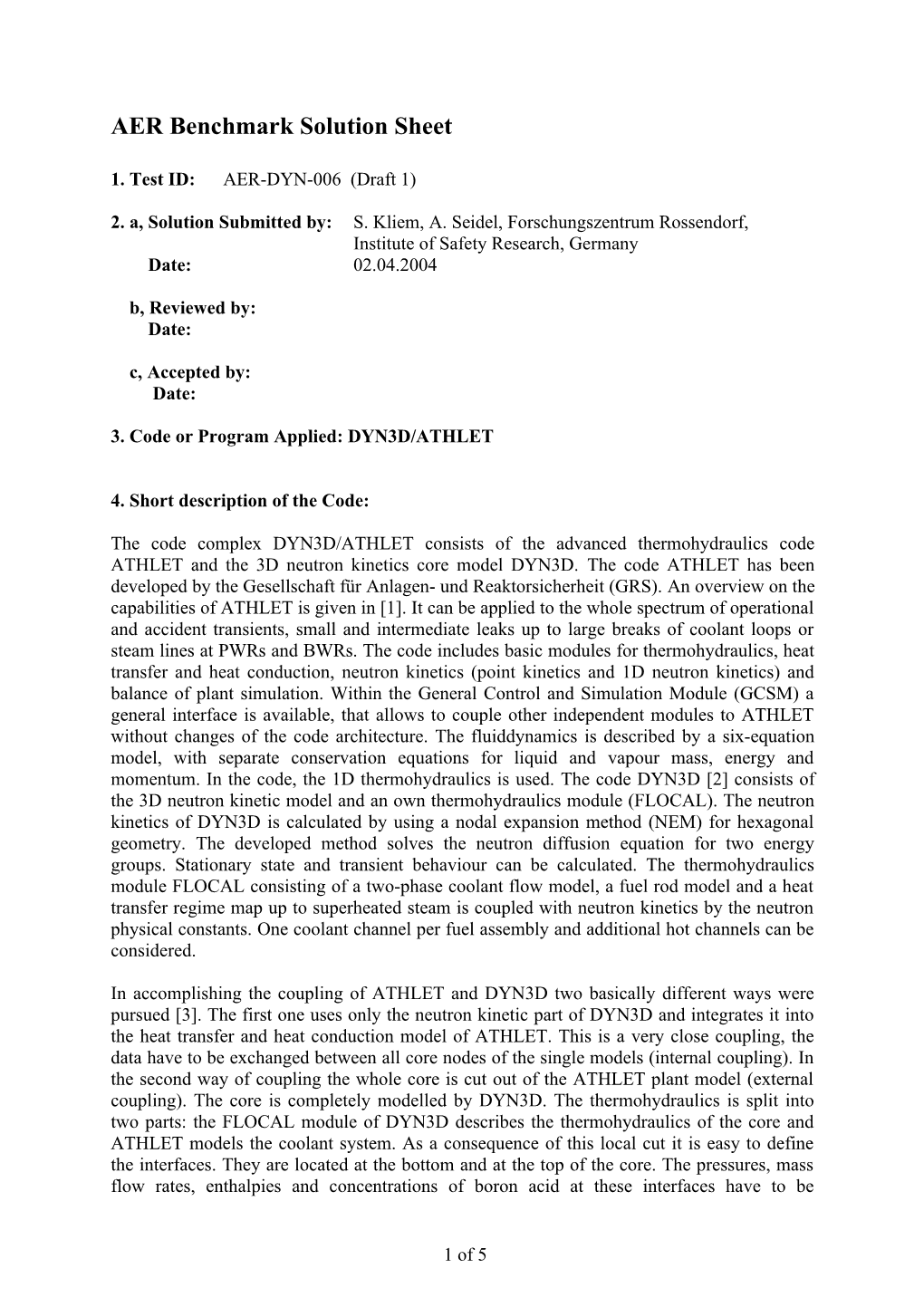 AER Benchmark Specification Sheet