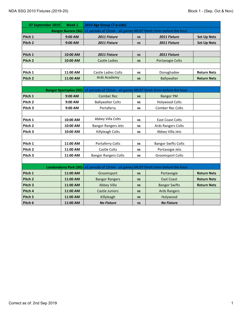 NDA SSG 2010 Fixtures (2019-20) Block 1 - (Sep, Oct & Nov)