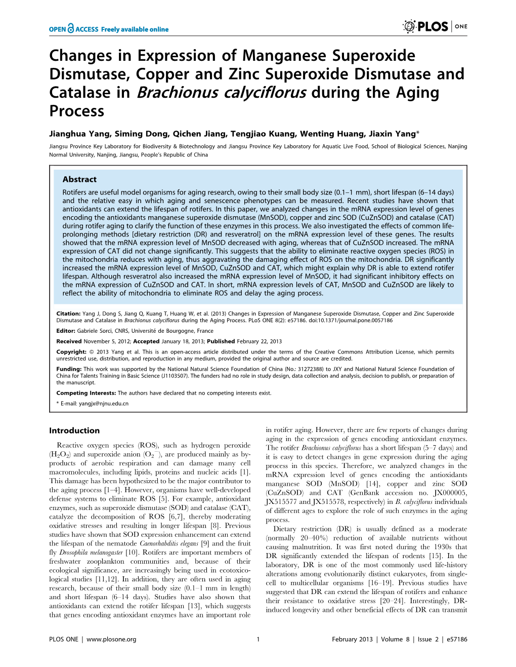 Catalase in Brachionus Calyciflorus During the Aging Process