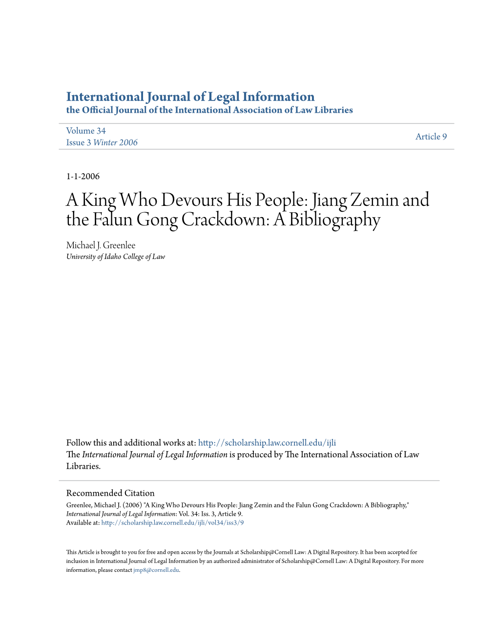 Jiang Zemin and the Falun Gong Crackdown: a Bibliography Michael J