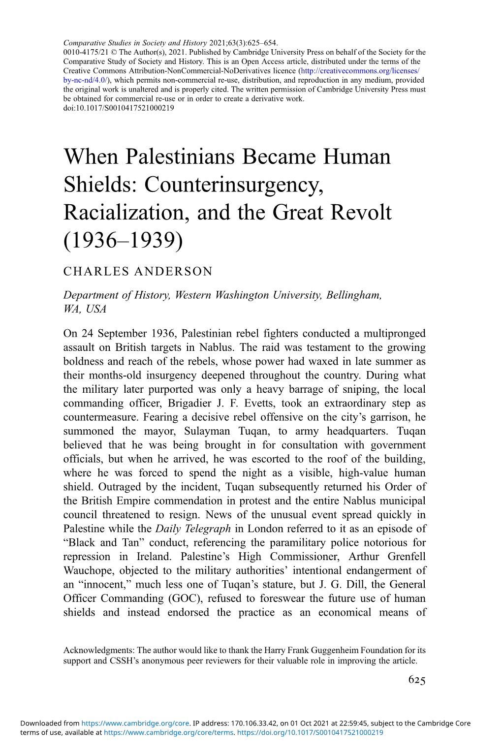 When Palestinians Became Human Shields: Counterinsurgency, Racialization, and the Great Revolt (1936–1939)