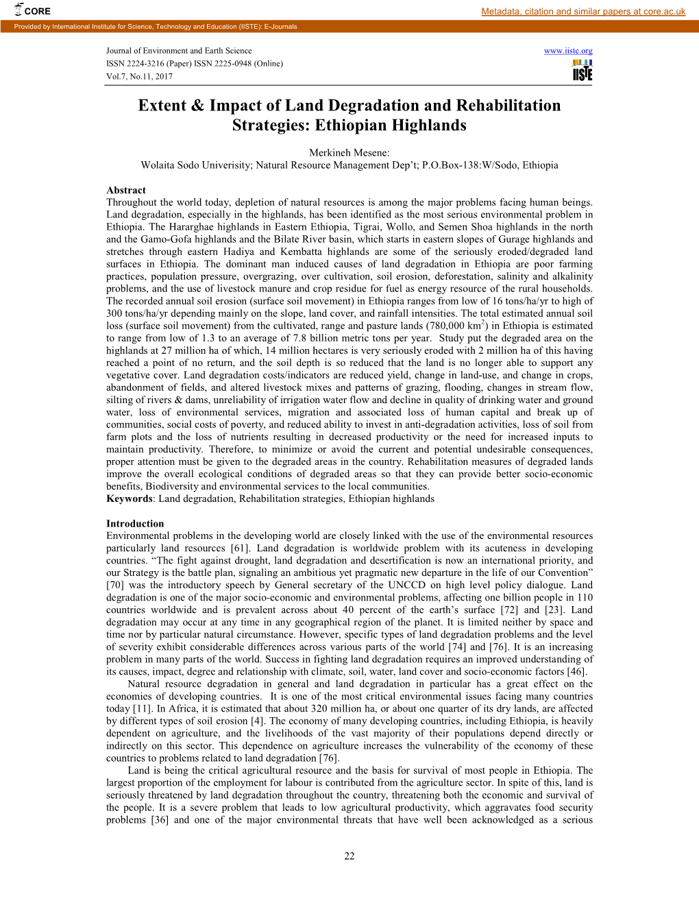 Extent & Impact of Land Degradation and Rehabilitation Strategies