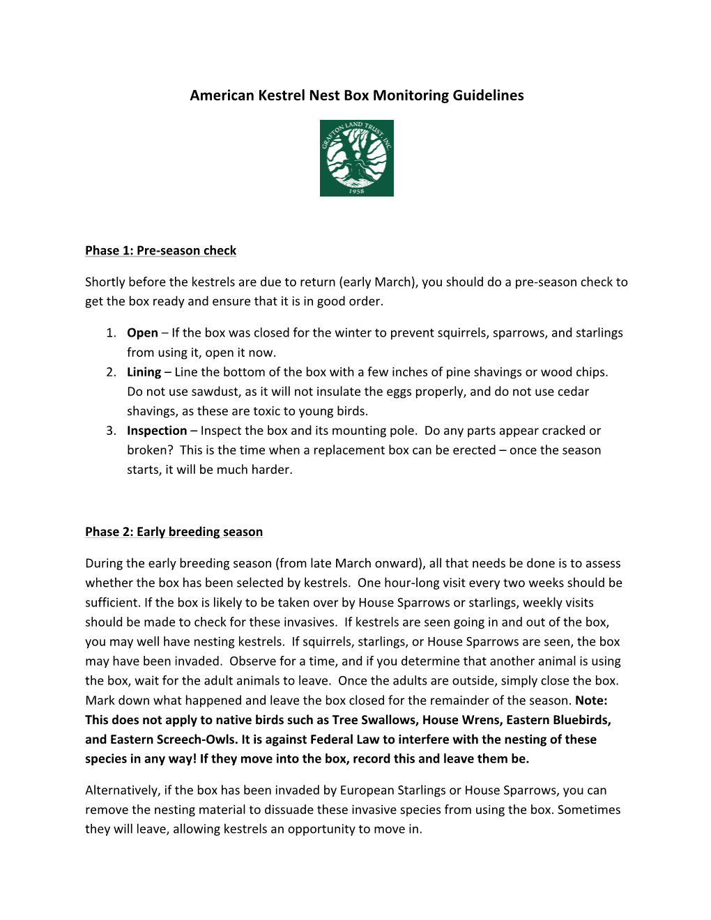 American Kestrel Nest Box Monitoring Guidelines