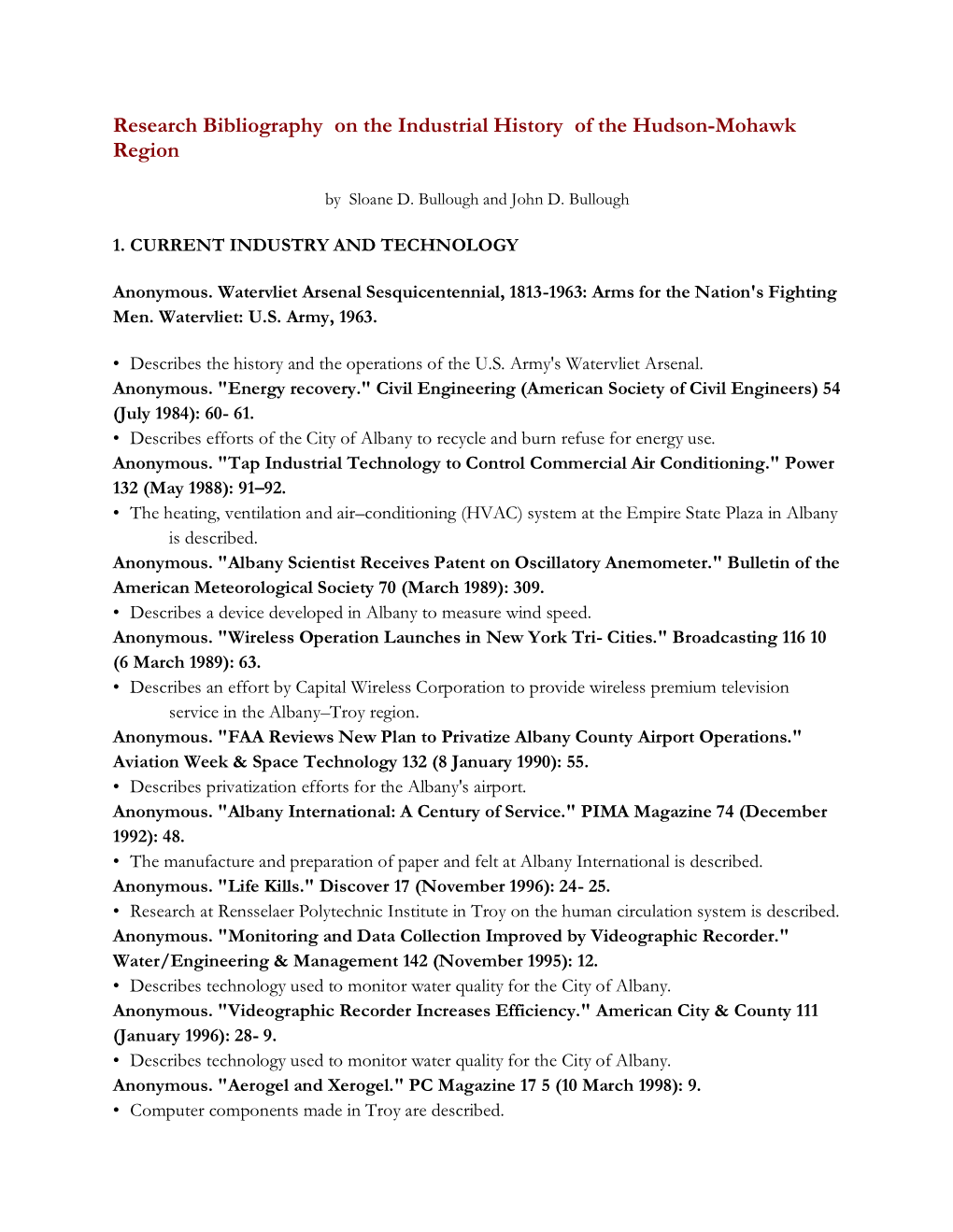 Research Bibliography on the Industrial History of the Hudson-Mohawk Region