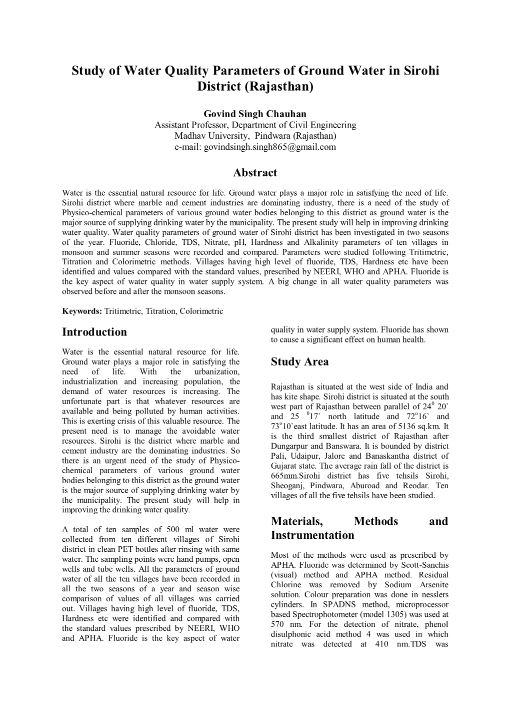 Study of Water Quality Parameters of Ground Water in Sirohi District (Rajasthan)