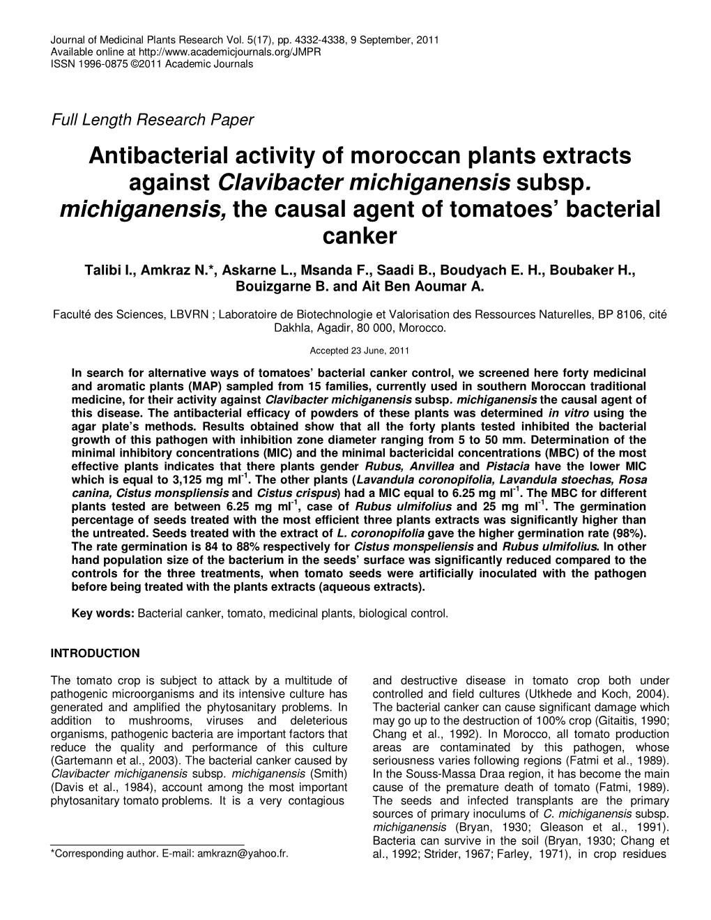 Antibacterial Activity of Moroccan Plants Extracts Against Clavibacter Michiganensis Subsp