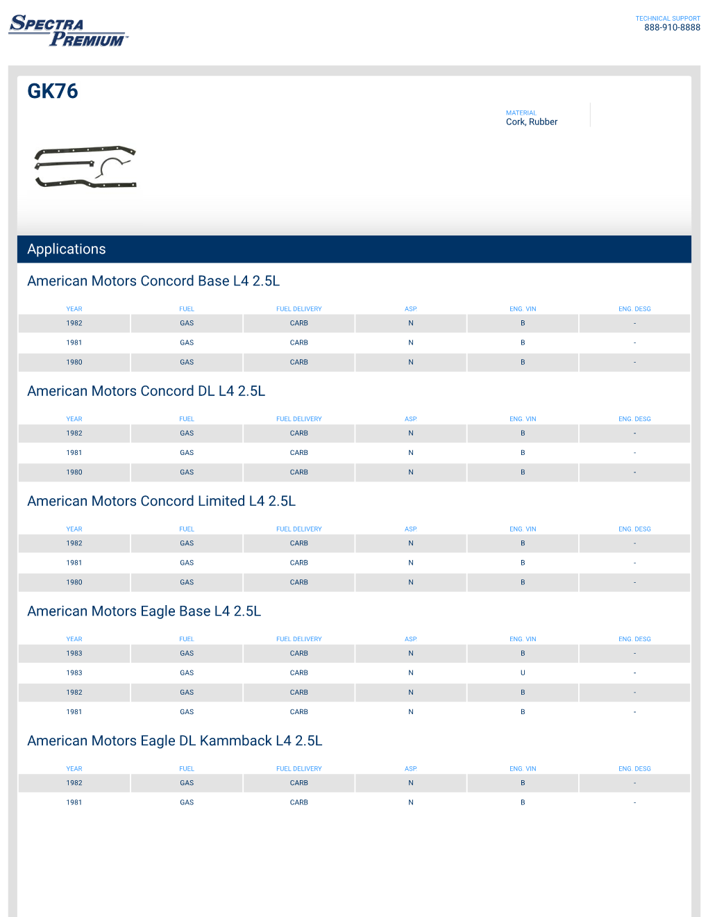 Applications American Motors Concord Base L4 2.5L American