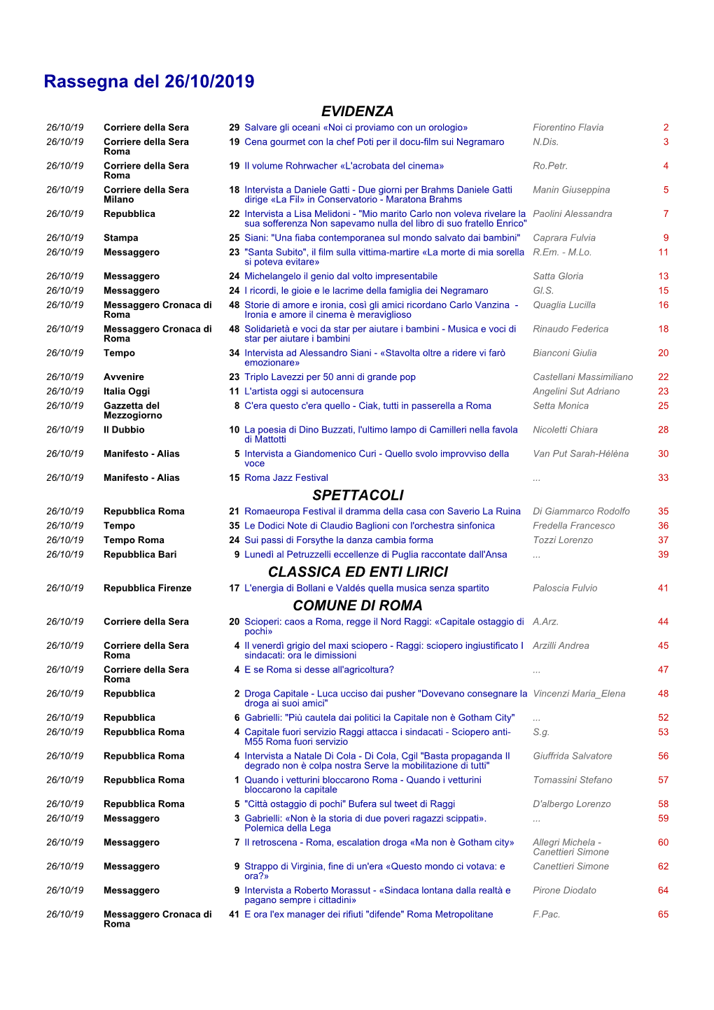 Rassegna Del 26/10/2019