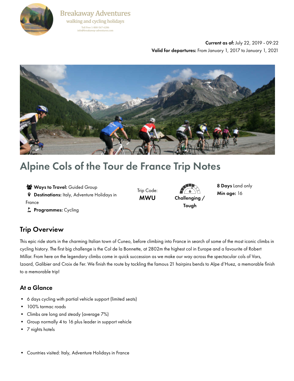 Alpine Cols of the Tour De France Trip Notes