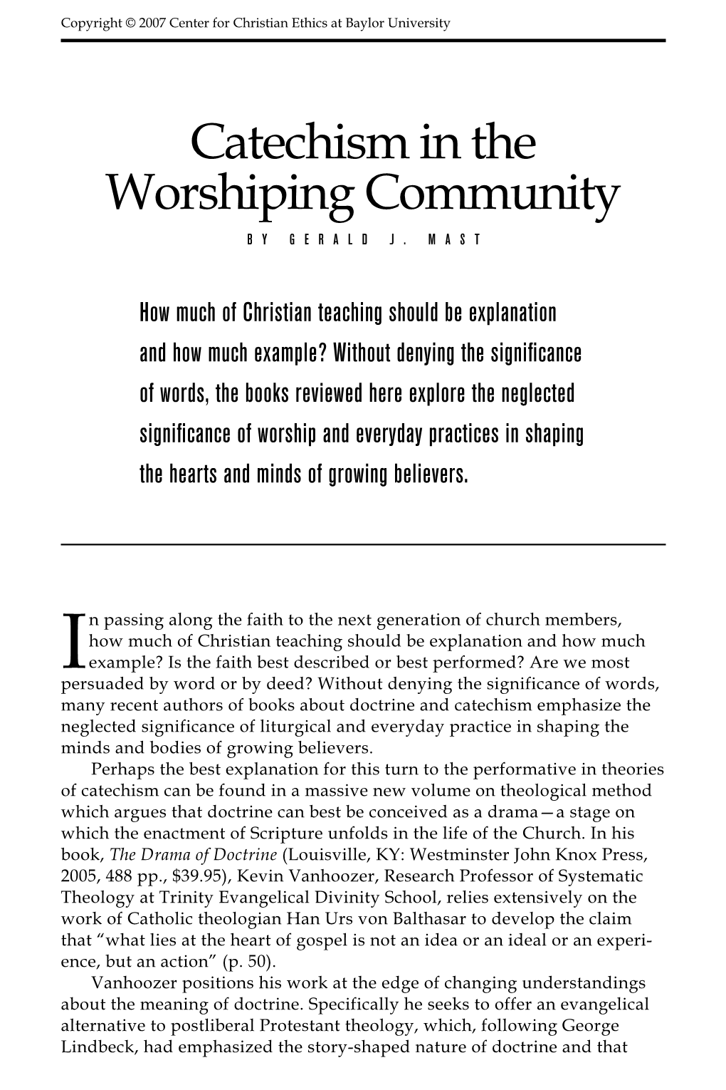 Catechism in the Worshiping Community B Y G E Ra L D J