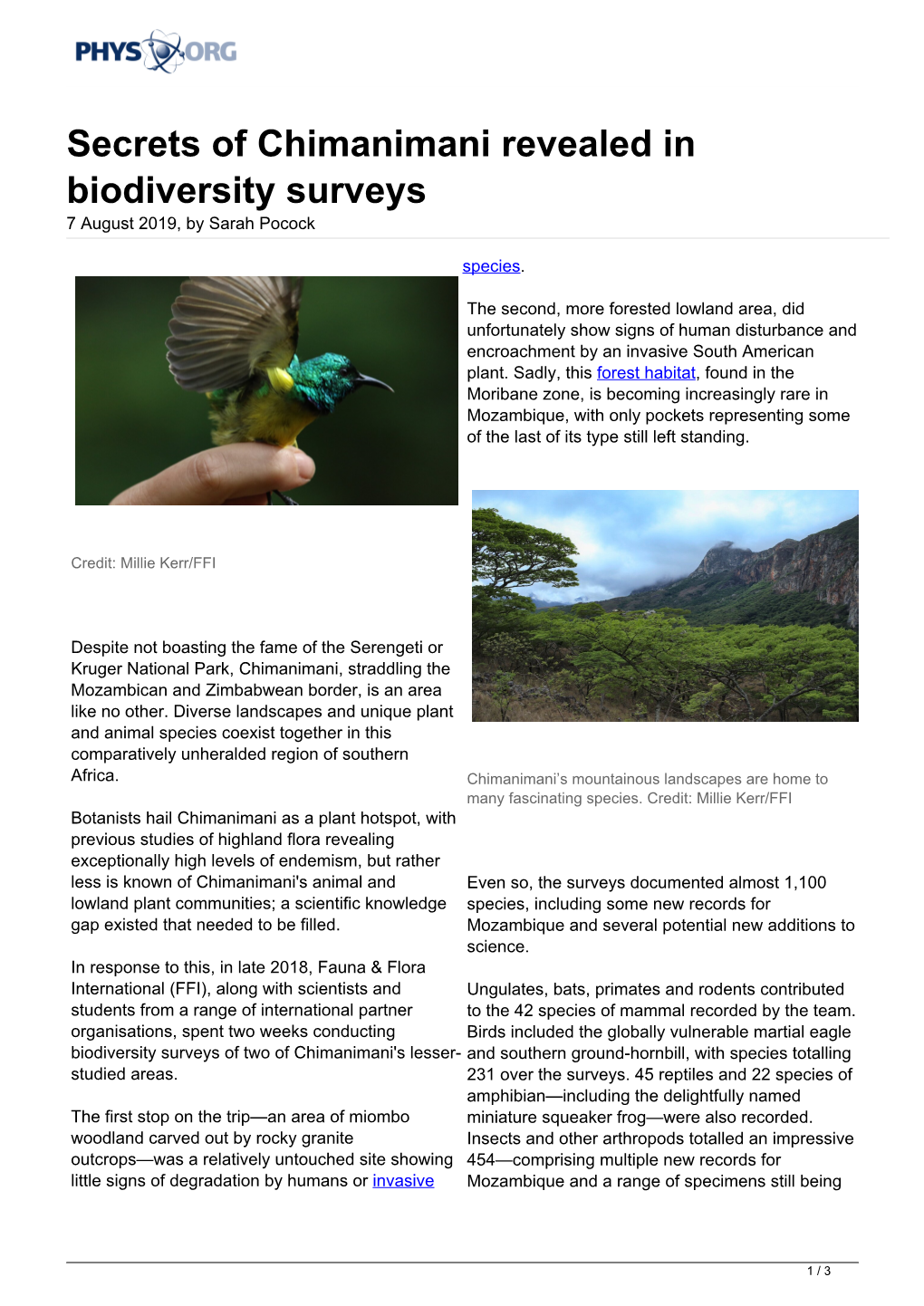 Secrets of Chimanimani Revealed in Biodiversity Surveys 7 August 2019, by Sarah Pocock