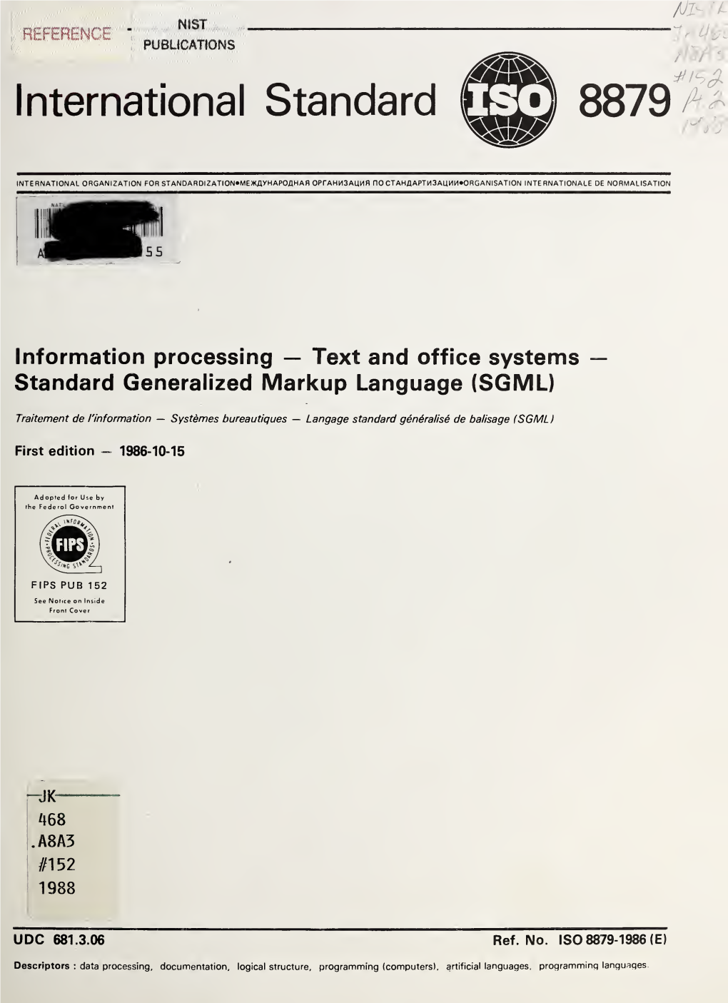 Information Processing — Text and Office Systems — Standard Generalized Markup Language (SGML)