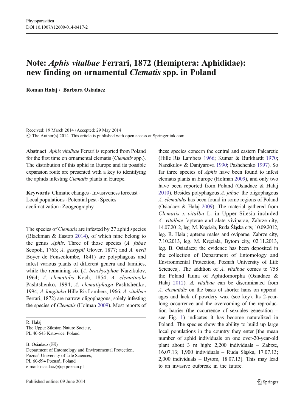 Hemiptera: Aphididae): New Finding on Ornamental Clematis Spp