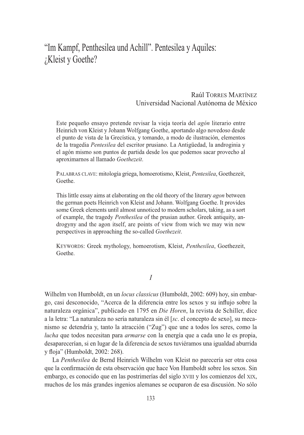 “Im Kampf, Penthesilea Und Achill”. Pentesilea Y Aquiles: ¿Kleist Y Goethe?