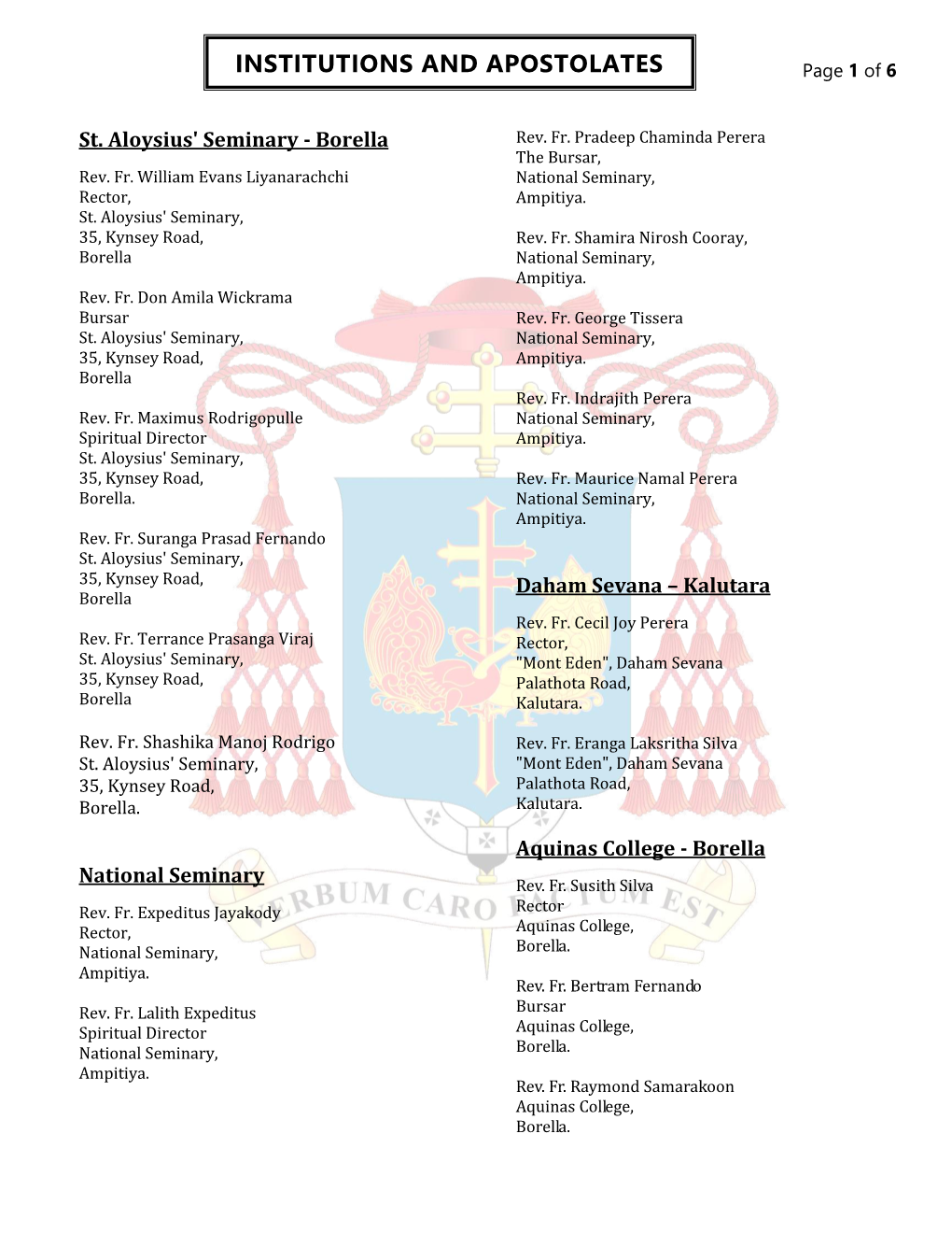 INSTITUTIONS and APOSTOLATES Page 1 of 6