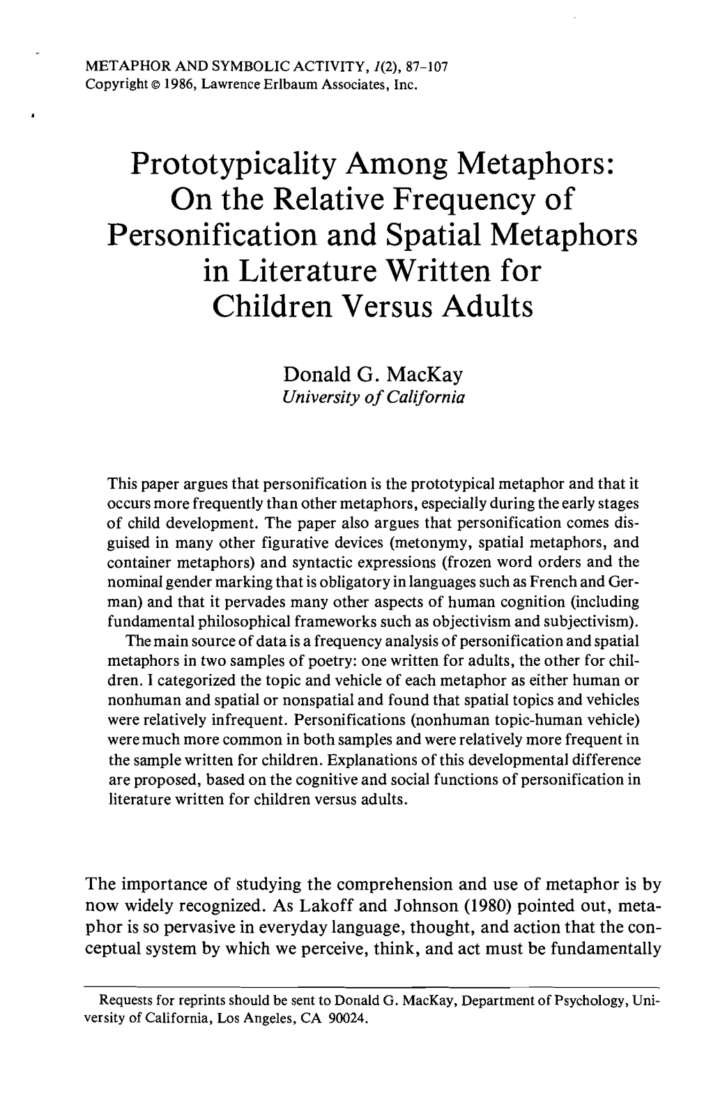 Prototypicality Among Metaphors: on the Relative Frequency of Personification and Spatial Metaphors in Literature Written for Children Versus Adults