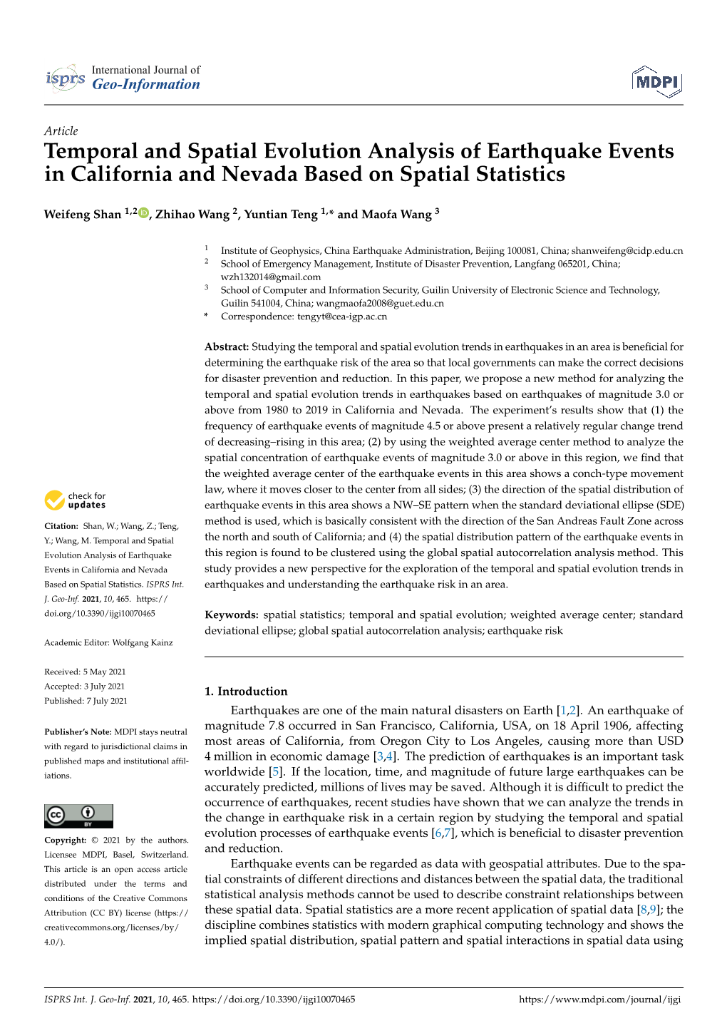 Temporal and Spatial Evolution Analysis of Earthquake Events in California and Nevada Based on Spatial Statistics