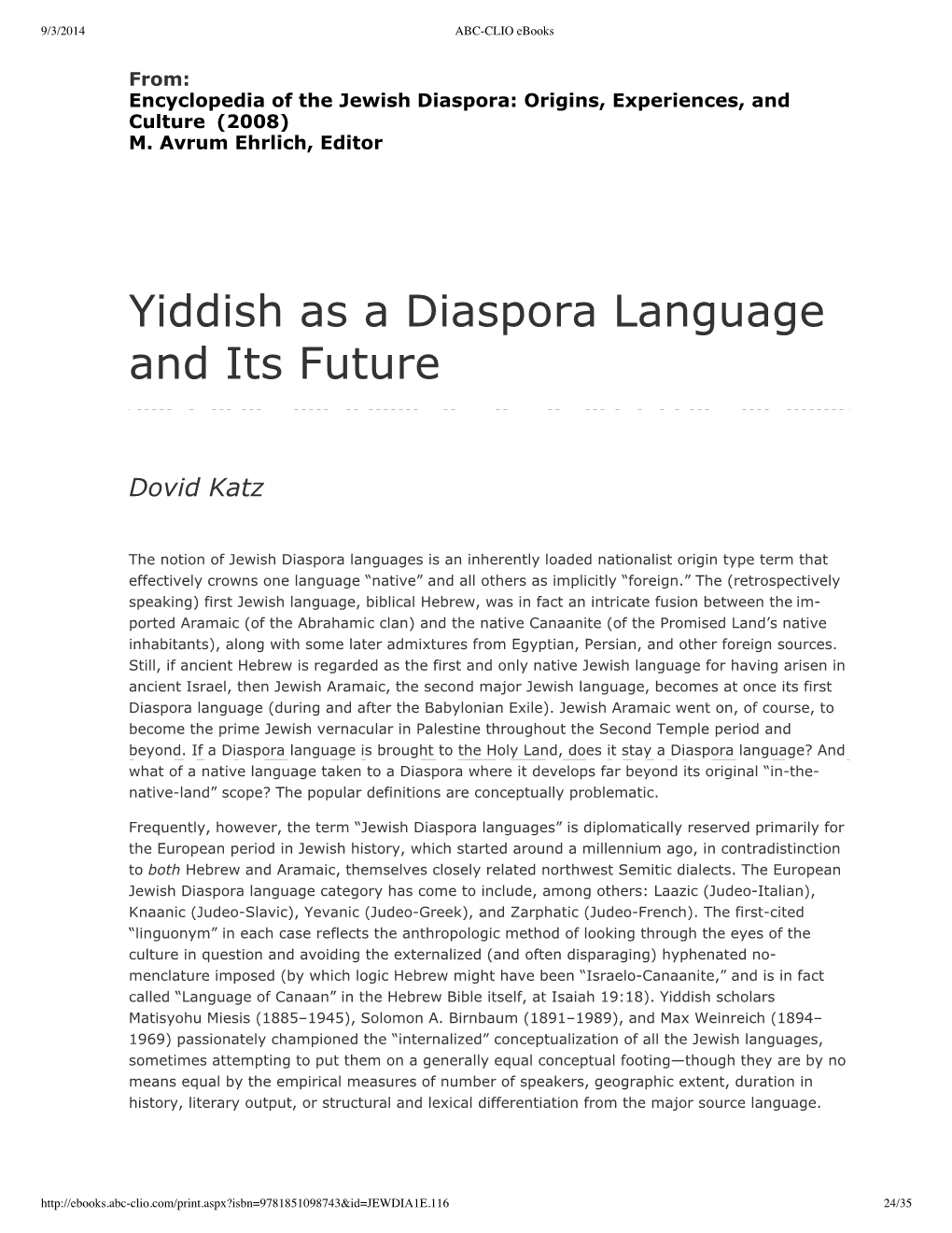 Yiddish As a Diaspora Language and Its Future