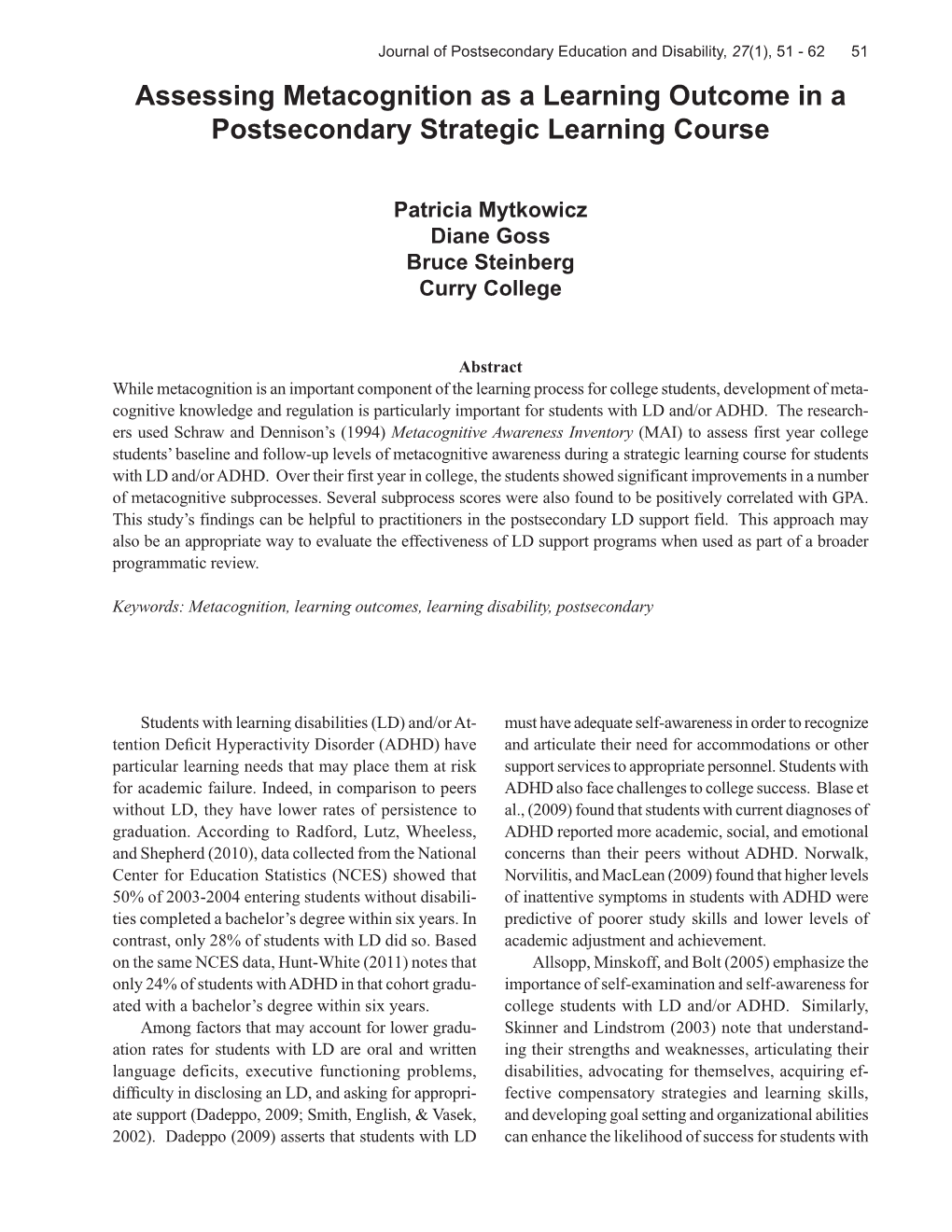 Assessing Metacognition As a Learning Outcome in a Postsecondary Strategic Learning Course