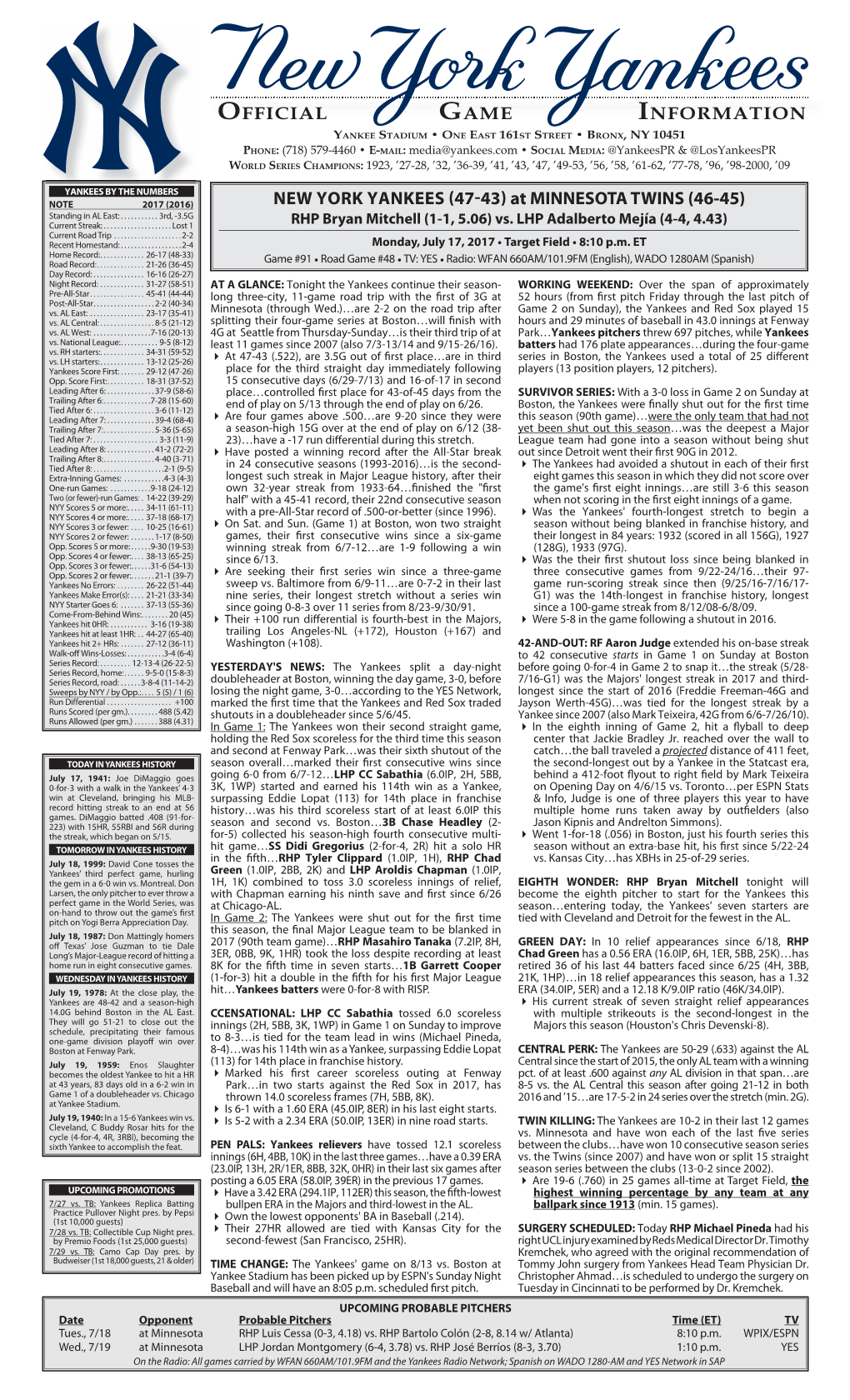 NYY Game Notes