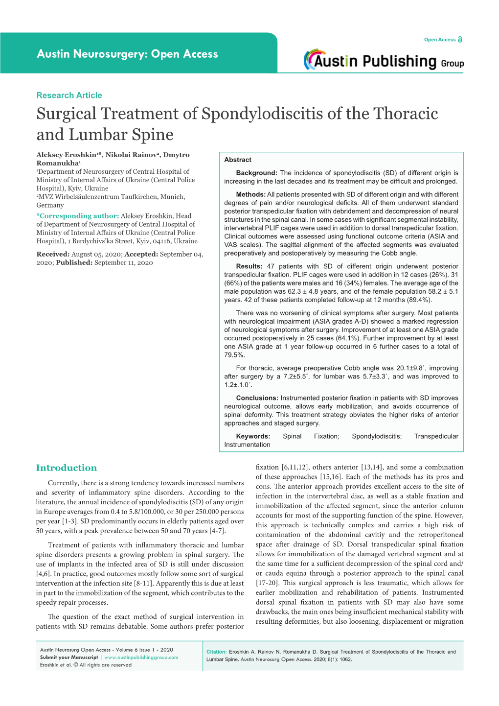 Surgical Treatment of Spondylodiscitis of the Thoracic and Lumbar Spine