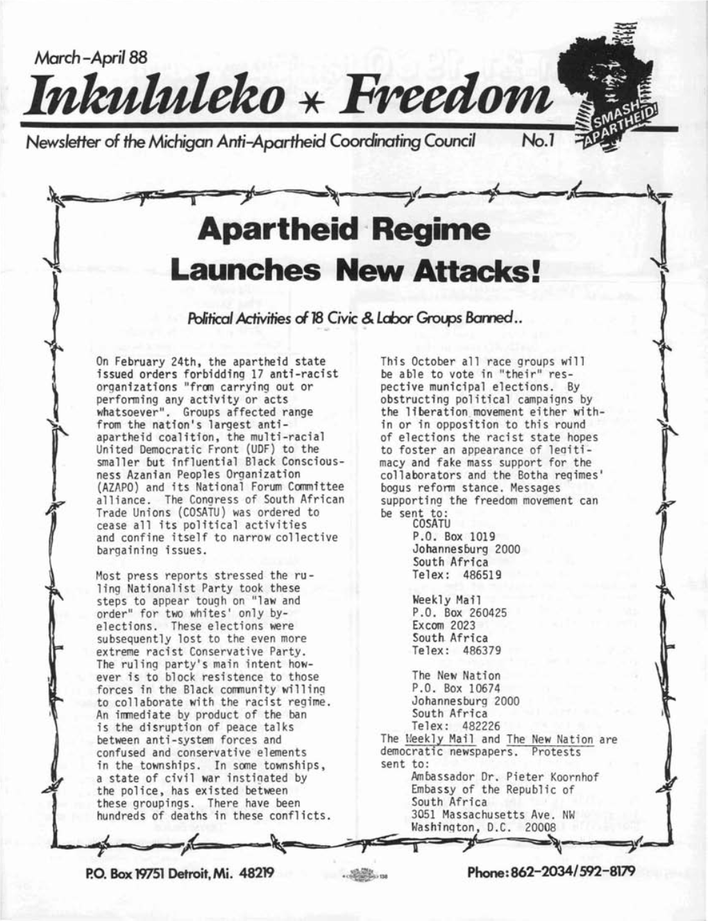 Inkululeko * Freedom Newsleher of the Michigan Anti-Apartheid Coordinating Council No.1