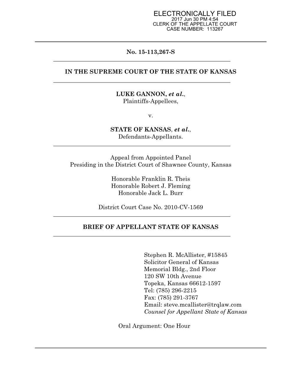 ELECTRONICALLY FILED 2017 Jun 30 PM 4:54 CLERK of the APPELLATE COURT CASE NUMBER: 113267