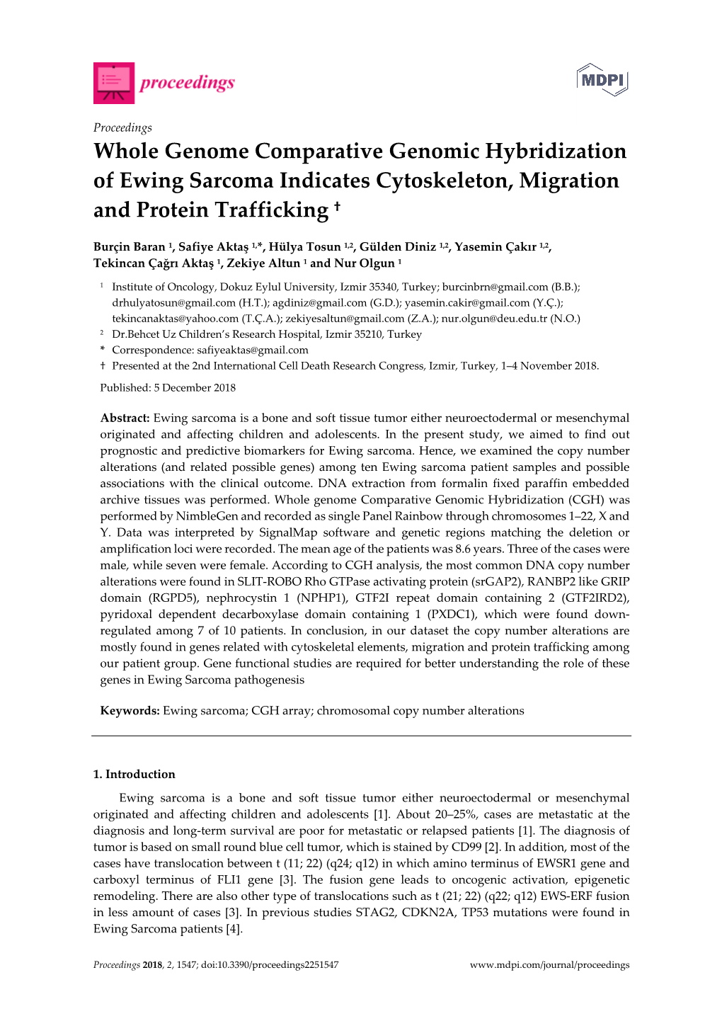 Whole Genome Comparative Genomic Hybridization of Ewing Sarcoma Indicates Cytoskeleton, Migration and Protein Trafficking †